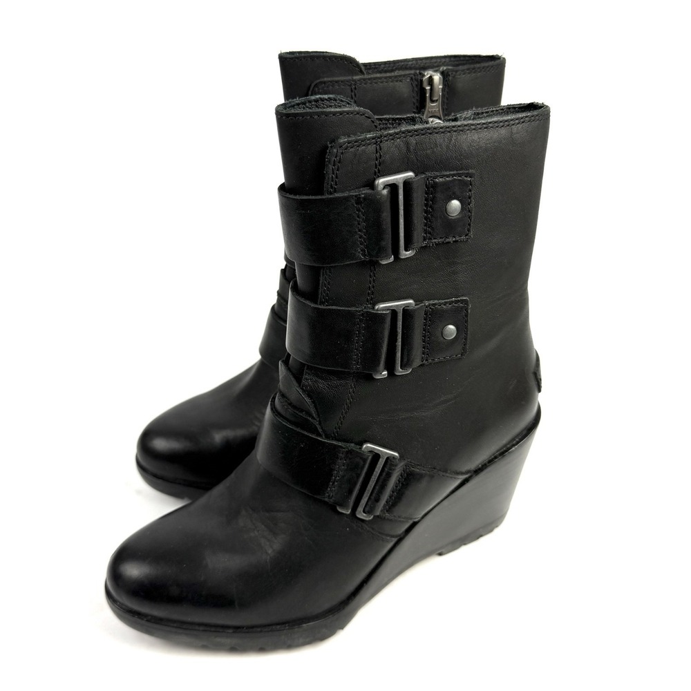 SOREL Black Leather Wedge Ankle Boots with Buckle Straps - Picture 3 of 12